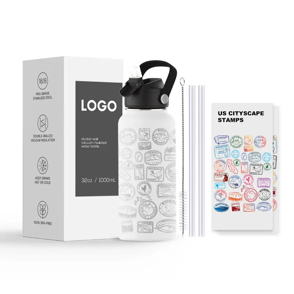 Customized Travel Water Bottle with Waterproof Stickers and Straw Insulated Vacuum Flask with Stickers