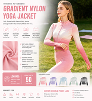 Nouvelle veste de sport en polyester à sublimation avec fermeture éclair, séchage rapide, élastique, ajustée, pour yoga, fitness, course à pied et gym, collection 2026, motif dégradé pour femme