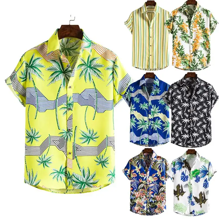 Vente en gros de vêtements de plage d'été en polyester 100% avec motif personnalisé et logo imprimé chemises hawaïennes Aloha boutonnées pour hommes