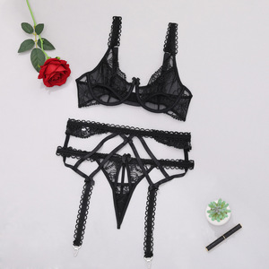 Hot Selling Women's <b>Sexy</b> Lingerie <b>Set</b> Fashionable Embroidery Mesh Splicing Lace Lingerie Three Piece <b>Set</b> - Product Image 5