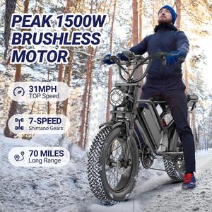 Vélo électrique tout-terrain à gros pneus, moteur 750W, batterie 48V 15Ah, suspension intégrale, pour neige, plage, montagne, route en pierres - Product Image 2