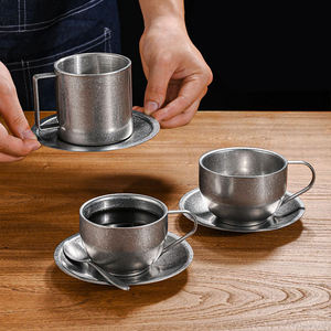 Juego de Tazas de Café de Metal Esmerilado Vintage de 180-280 ml, Tazas de Acero Inoxidable SS304 para Capuchino, <span class=keywords><strong>Espresso</strong></span> y Té con Plato y Cuchara - Product Image 6
