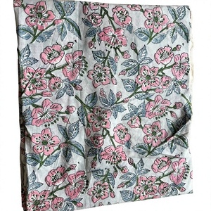 Premium <b>White</b> Pure Cotton Fabric Featuring Traditional Hand Block Print Pink Cherry Blossom Floral Motifs And Soft Grey Leaves - Product Image 1