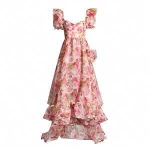 Robe pour femme de style royal français, nouvelle collection été 2024, col carré, bretelles, <span class=keywords><strong>jupe</strong></span> ample, imprimé fruits - Product Image 5