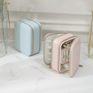 Portable Double Couche PU Cuir Bijoux Organisateur Présentoir Moderne Élégant Design Voyage-Friendly Cas Rose/Bleu pour les Femmes - Product Image 3