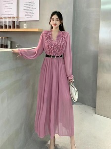 Mùa thu phong cách giản dị rắn phía trước v-cổ mỏng A-line EO VOAN ăn mặc sàn Chiều dài xù phồng dài tay áo tự nhiên ngày xếp li - Product Image 6