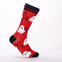 Chaussettes rouges mi-mollet avec imprimé jacquard fantôme mignon, bordure rayée, tricot doux, chaussettes personnalisées pour cadeaux d'Halloween
