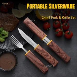 Ensemble de couverts de voyage portables en acier inoxydable réutilisables avec manche imitation bois, vente en gros - Product Image 2