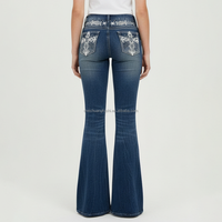 Jeans évasés personnalisés avec strass pour femmes, pantalon en denim vintage brodé en croix, taille haute, coupe bootcut, fabricant OEM