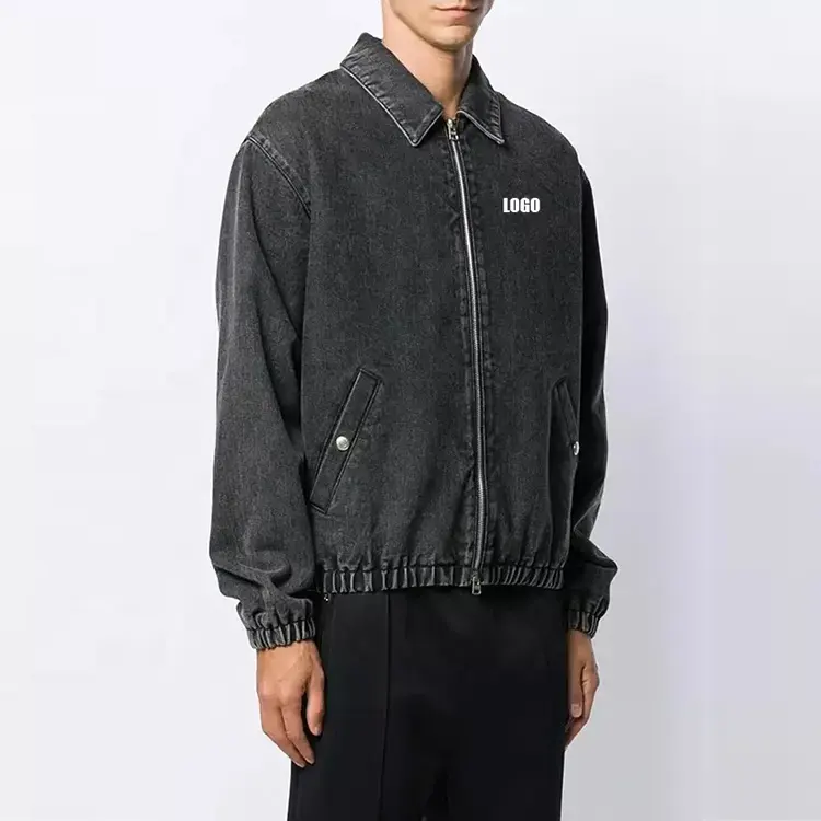 High Street Plain Stand Neck Black Washed Long Sleeve Elastic Bottom Men Full Zipper Pockets Design Denim Jacket