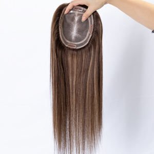 Topper de <span class=keywords><strong>cheveux</strong></span> humains Remy pour femmes, base en soie, à clipser, postiche supérieur, <span class=keywords><strong>cheveux</strong></span> raides bruns - Product Image 1