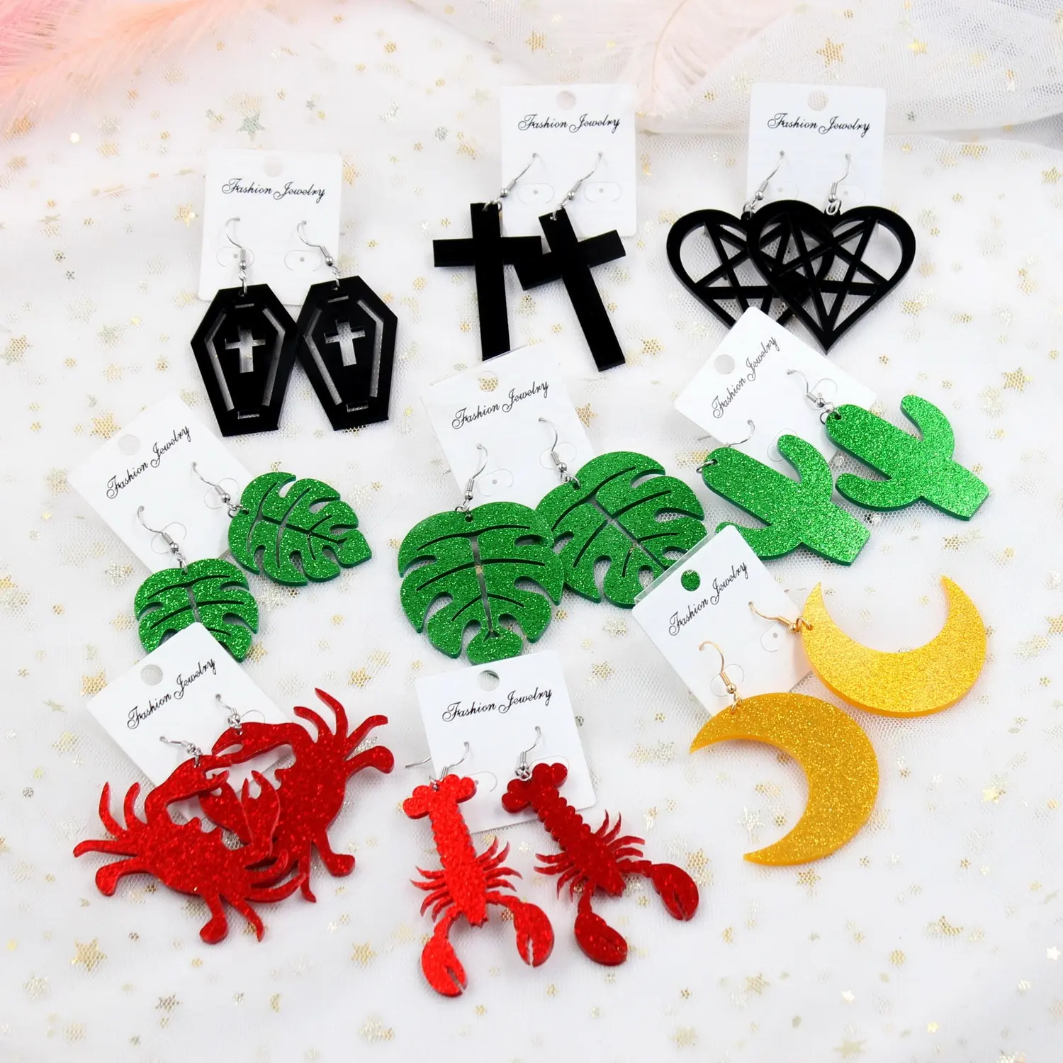 ERS040AH009 Acrylic Pentagram Earrings Monstera Cactus Black Cross Earrings Crab Lobster Acrylic Earrings