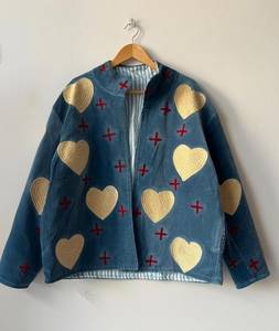 Chaqueta de Terciopelo Azul para Mujer, Diseño de Corazón Bordado a Mano, Estilo Bohemio, para Festivales, Moda Boutique - Product Image 3