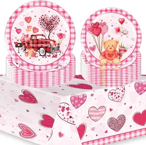 Perlengkapan pesta Hari Valentine piring kertas hati Set serbet peralatan makan untuk dekorasi pesta Hari Valentine bahagia melayani 24