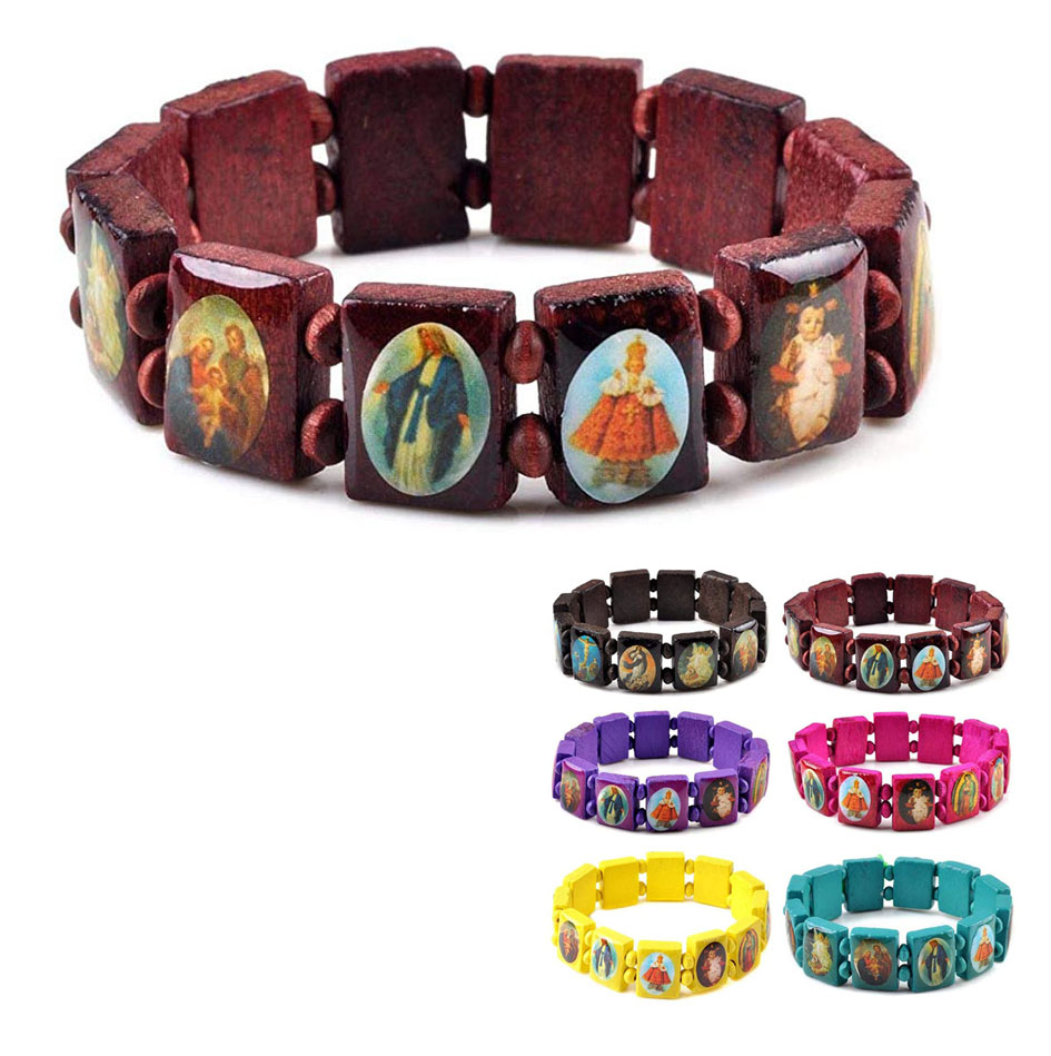 Pulseira elástica de madeira esticável, pequena pulseira de painel com imagens de sainhos religiosos, jesus e rosário, madeira cristã, desenhos feitos