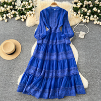 Robe décontractée élégante pour femme à manches longues, col montant, avec patchwork de dentelle et volants étagés, idéale pour les vacances et les soirées