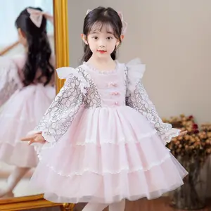 Одежда для маленьких девочек, зимнее платье-пачка, Вечернее бальное платье с длинным рукавом, платья для маленьких девочек от 3 до 8 лет, детское розовое кружевное платье