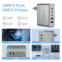 Chargeur de Voyage 5 Ports USB C GaN Charge Rapide OEM ODM Logo Personnalisé Chargeur Multi-Ports pour iPhone Macbook Samsung Pixel HP 160W