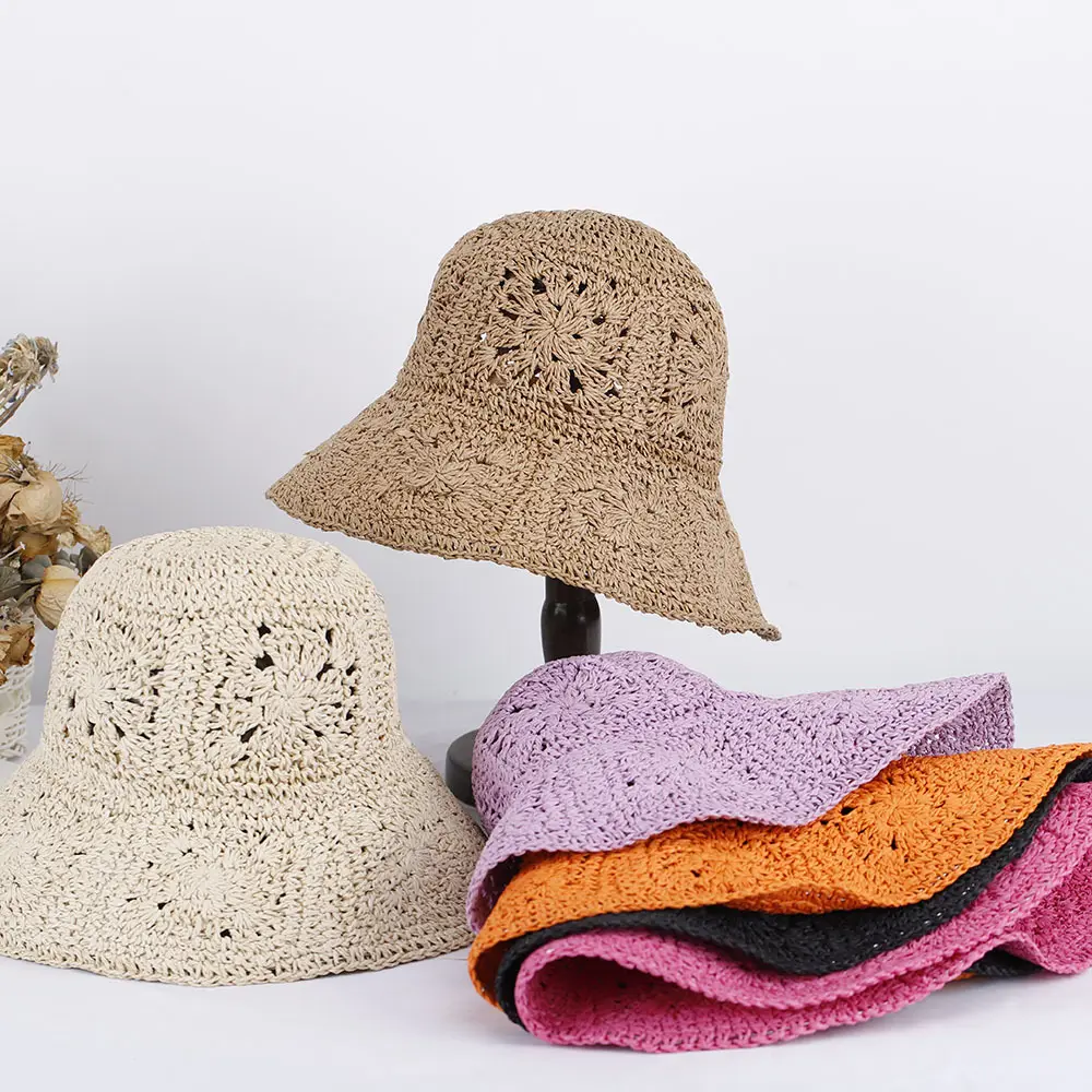 Bohemian Handmade Malha Flor Sun Balde Chapéu Dobrável Cor Sólida Aba Larga Verão Praia Palha Papel Crochet Hat
