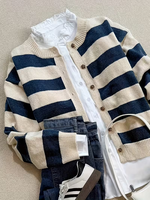 Cárdigan de Punto a Rayas con Cuello Redondo para Mujer, Suéter Abierto con Botones de Punto Acrílico, para Uso Diario, Casual, Festivo, Personalizable