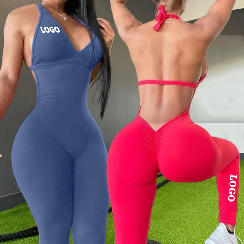 Mallas deportivas de color sólido para mujer, traje de yoga de una pieza, sexy, con corte en v en la espalda
