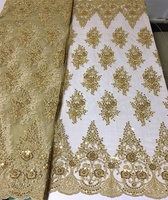 Tela de Moda con Bordado Tejido de Última Moda, Color Dorado, Cordón con Cuentas Bordadas a Máquina, Encaje para Vestidos de Novia o Juguetes