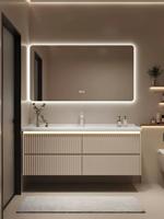 Ensemble de meuble-lavabo de salle de bain moderne de luxe couleur crème avec vasque intégrée - Meuble en bois d'hévéa massif, miroir inclus - Idéal pour hôtels et appartements haut de gamme