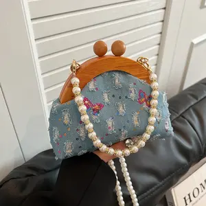 Embroidery Denim Women Small Shoulder Bags Quilted Crossbody Jean Denim Purse Pearl Chain Wooden Evening Bag Clutch Handbag