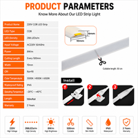 Tira de Luces LED COB de 220 V, 288 LED/m, Alta Luminosidad, Flexible, Impermeable, Cinta Adhesiva, Sin Necesidad de Controlador, Conexión Directa, Decoración del Hogar
