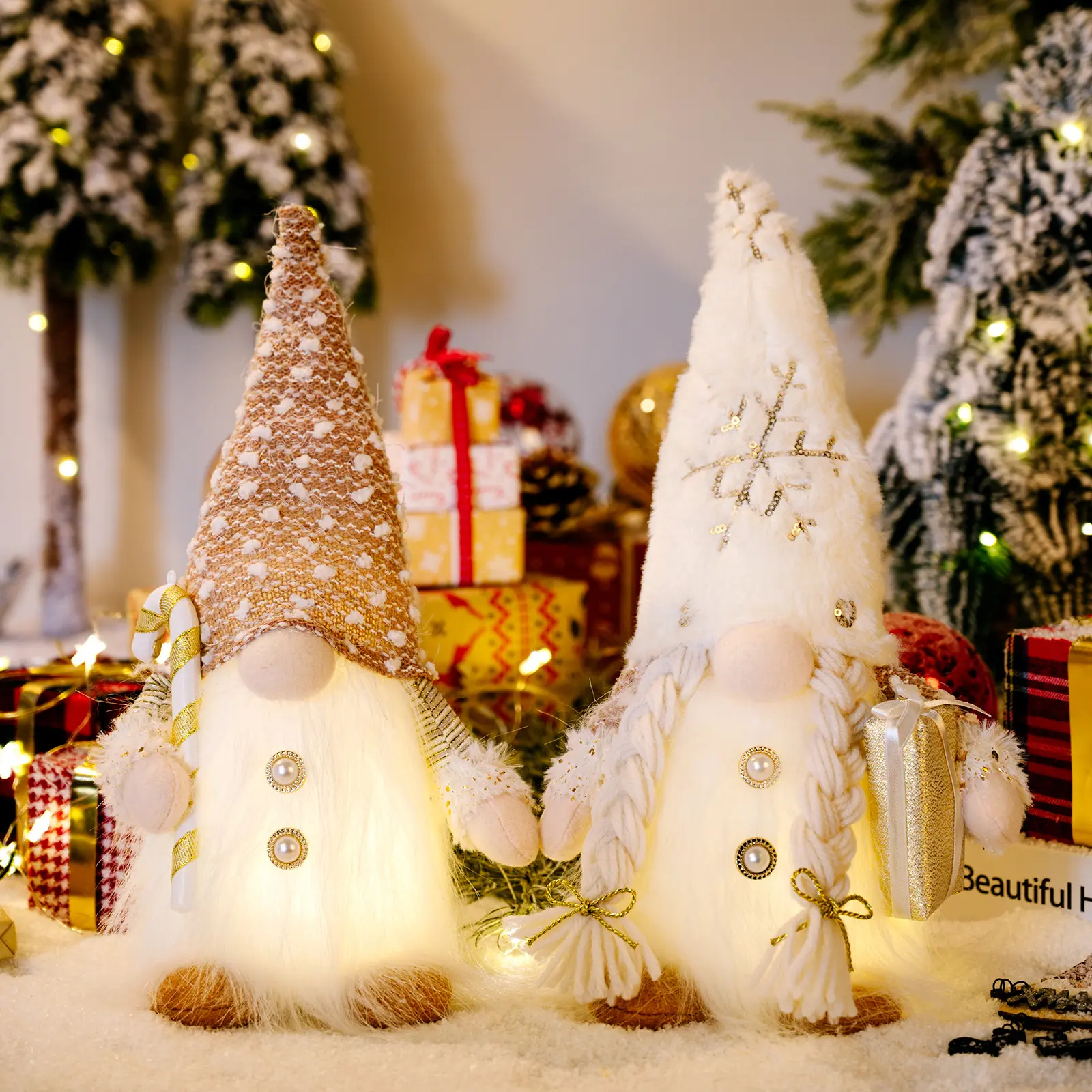 Handmade Plush Gnome Elf Doll Swedish Tomte Khaki Christmas Santa Gnomes With Light For Home Party Desktop Decor