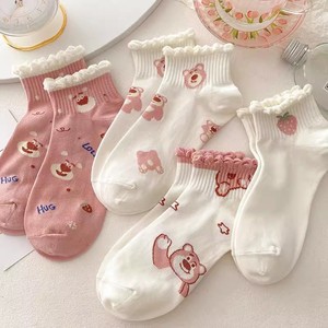 Women Ankle Socks Cotton Breathable Sweat Absorbing Cute Bear Strawberry Pattern White Pink Student Boat Socks <b>Spring</b> Autumn - Product Image 1