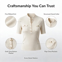 Top de punto acanalado de manga corta con cuello alto y botones para mujer, corte ajustado, ideal para primavera y verano, OEM ODM al por mayor
