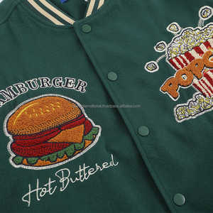 Chaqueta Varsity Informal de Lana 100% con Cuello Alto y Bordado de Diseño de Hamburguesa de Comida Rápida con Tu Propio Logotipo - Product Image 4