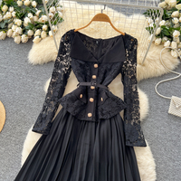 Robe décontractée élégante pour femmes, en dentelle, à manches longues, style A, avec ceinture, plissée, mi-longue, pour les occasions spéciales, vêtements décontractés pour tous les jours