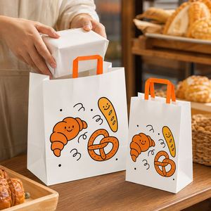 Sacs en papier blancs personnalisés avec logo, poignées plates orange, pour boulangerie, pain, gâteaux, emballage à emporter, sacs de courses recyclables - Product Image 6