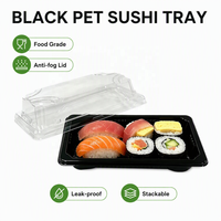 Plateau à sushi jetable en PET noir avec couvercle transparent anti-buée, empilable, pour plats à emporter japonais