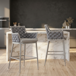 Tabouret de bar moderne d'extérieur en corde avec structure en aluminium et siège rembourré, fauteuil de patio pour balcon et jardin - Product Image 3