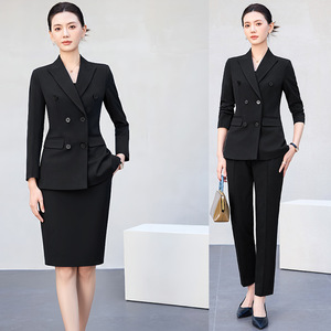 Women's Suit Set Double Breasted <b>Black</b> Slim Fit Formal <b>Work</b> Uniform For Office Commuting With Skirt And <b>Pants</b> Options - Product Image 1