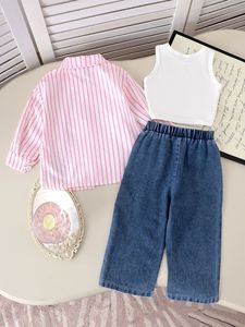 Conjunto de Ropa para Bebés <span class=keywords><strong>Niñas</strong></span> Otoño-Primavera, Estilo Europeo y Americano, Camisa a Rayas y Chaleco con Pantalones de Mezclilla - Product Image 5