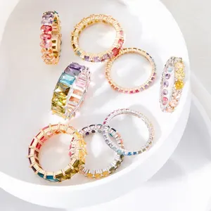 PEISHANG customized 925 Sterling silver 14k gold plated colorful Thin Rainbow CZ Silver Eternity Band zodiac birthstone rings