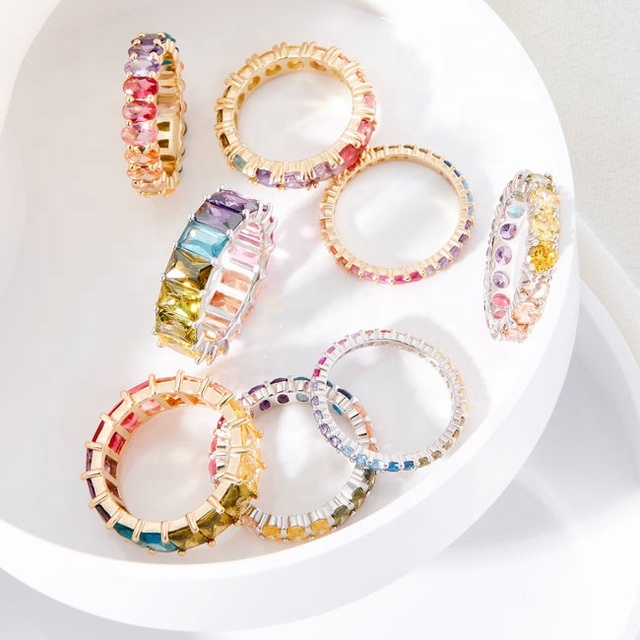 PEISHANG Customized 925 Sterling Silver 14k Gold Plated Colorful Thin Rainbow CZ Silver Eternity Band Zodiac Birthstone Rings