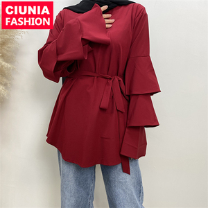 2028 # tre strati <span class=keywords><strong>con</strong></span> maniche a volant e <span class=keywords><strong>cintura</strong></span> alla moda musulmani donne Top turchia abbigliamento etnico islamico - Product Image 1