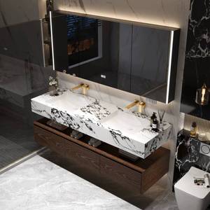 Modern hotel style intelligent lighting <b>mirror</b> rock board integrated basin bathroom cabinet - Product Image 4