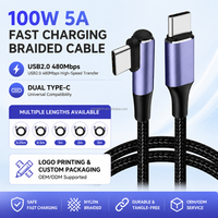 Câble de données Type-C tressé en nylon à charge rapide QC, coudé à 90 degrés, 6 conducteurs, 0,25m, 0,5m, 1m, 2m, 3m, 5A, 100W, pour iPhone 18