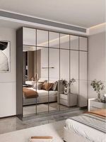 Lemari Pakaian Cermin Panjang Modern dengan Rak Terbuka & Bingkai Hitam Ramping untuk Kamar Tidur Utama, Sistem Lemari Pintu Geser yang Dapat Disesuaikan