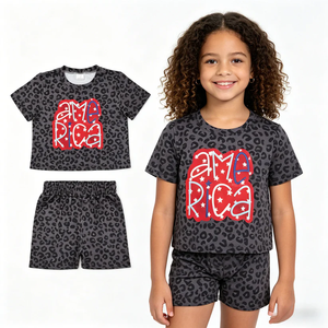 Little Girls Fashion Two Piece Outfit America Black Leopard Print Short Sleeve Shorts Casual Toddler Girl 4th of July <b>Clothes</b> - Product Image 1