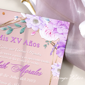 Invitation de Quinceañera de luxe en acrylique transparent rose avec motif floral espagnol et impression personnalisée - Product Image 2