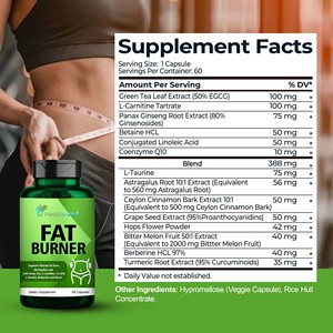 Custom Label Herbal Blend Fat Burner Capsules Contain Green Tea Leaf Extract <b>Metabolism</b> Boost Weight Loss Capsules - Product Image 2