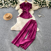 Setelan Wanita 2 Pcs Gaya Elegan Dewasa Ringan, Setelan Dua Potong Kerah Lipat dengan Ikat, Setelan Kerja Wanita, Kerah Berikat, Model Ramping, Setelan Modis