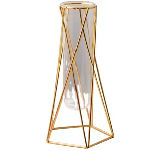 Customized Home Wedding Centerpieces Decor Hinged Bud Gold Glass Flower Vase Metal Stand Test Tubes Vases Set